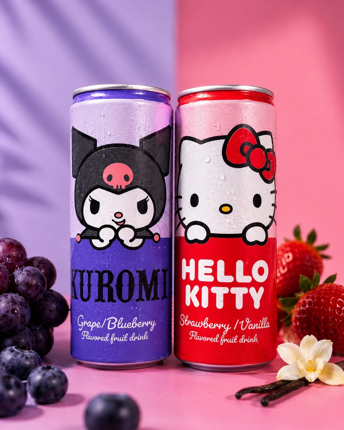 Hello Kitty and Kuromi fruit drink cans with berries