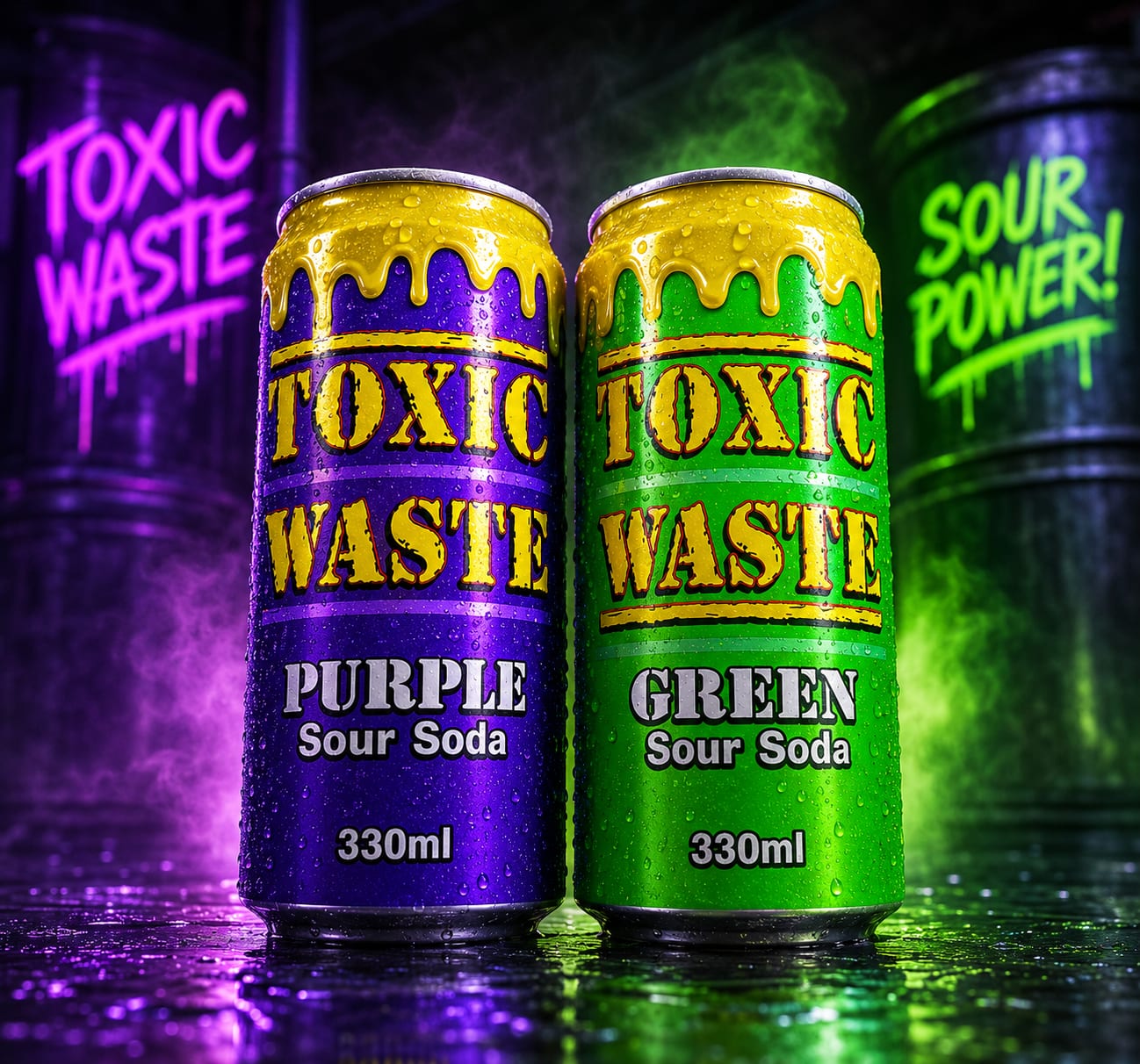 Toxic Waste Purple and Green Sour Soda cans